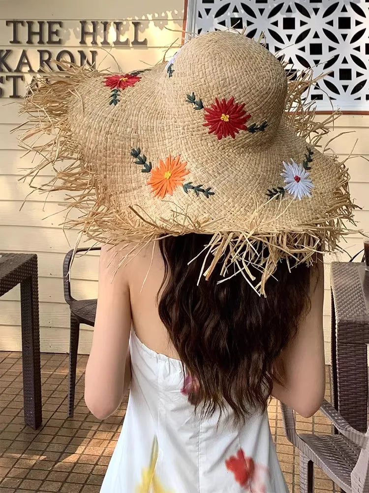 Straw Square Ribbon Straw Hat Beach Travel Sun Protection Flat Hat
