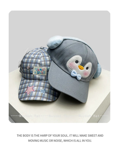 Korean Style Women Cartoon Cat Bear Ears Baseball Cap Plaid Sunshade Wing Versatile Penguin Peaked Cap