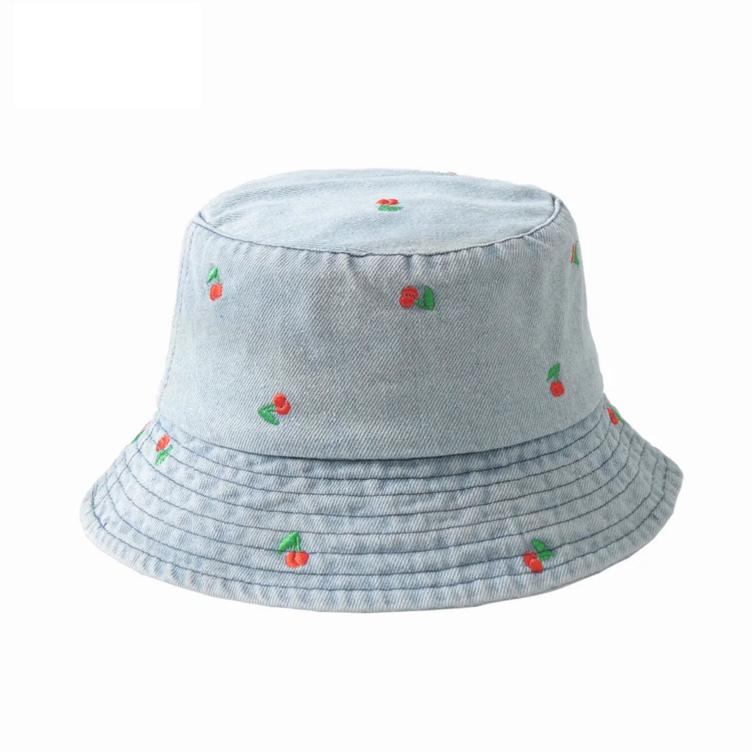 New Summer Denim Bucket Hat For Women Embroidery Watermelon Cherry Strawberry