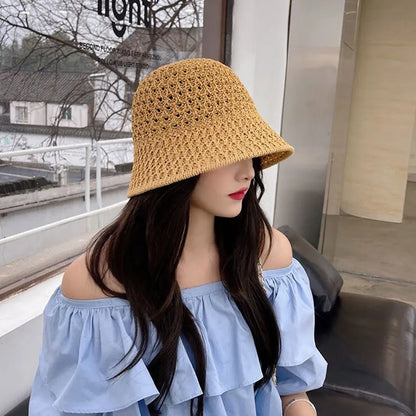 Straw Dome Weave Bucket Hat Hollow Out Breathable Sun Hats