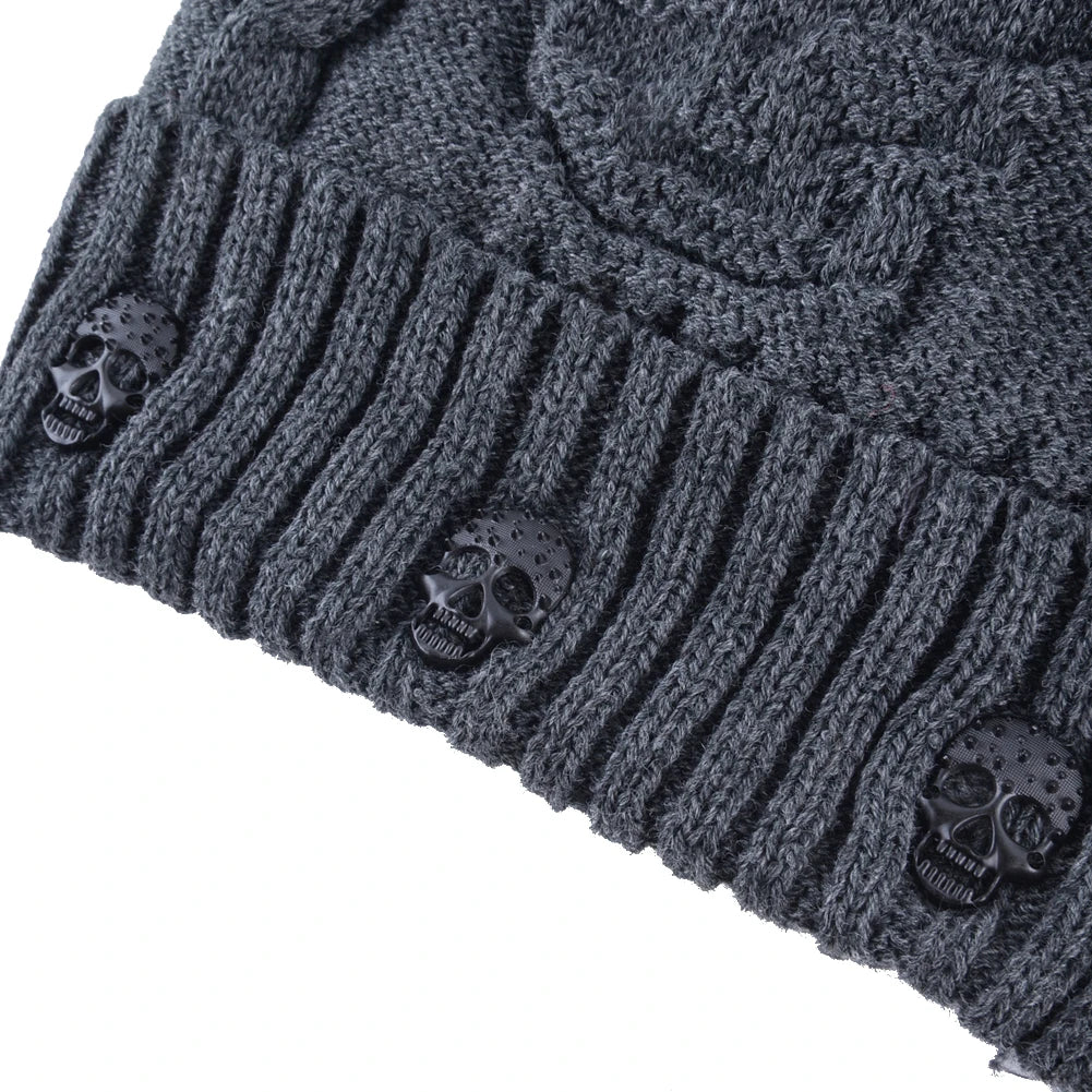 Winter Beanies Men Knitted Skull Pattern Solid Color Hat With Metal Skulls