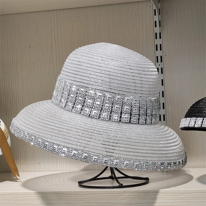 Woolen Rhinestone Solid Color Basin Hat Leisure Outdoor Beach Sun Hat