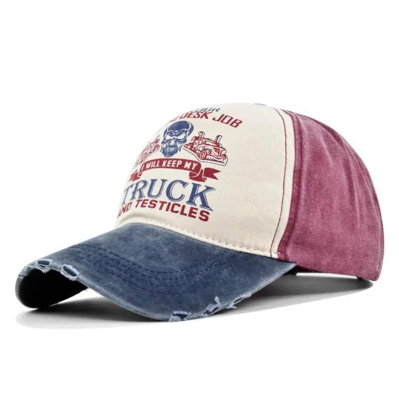New Unisex Washed Cotton Cap Skull Print Distressed Baseball Cap