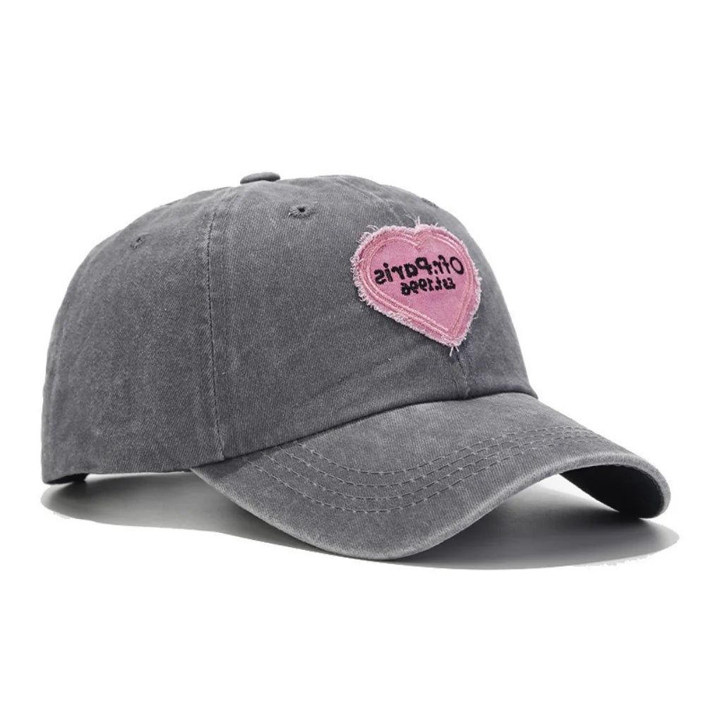 Y2K Trendy Distressed Heart-Patterned Fabric Label Letter Embroidery Baseball Cap