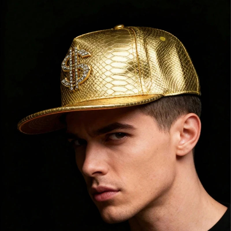 Gold Print Flat Brim Baseball Cap, West Coast Hip Hop