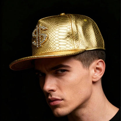 Gold Print Flat Brim Baseball Cap, West Coast Hip Hop