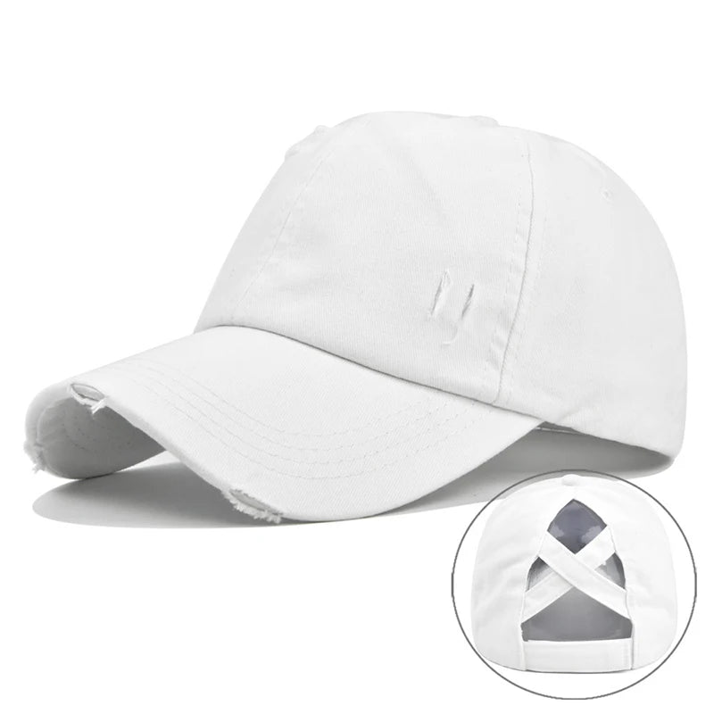 Vintage Washed Distressed Baseball Cap, Criss Cross Ponytail Hat