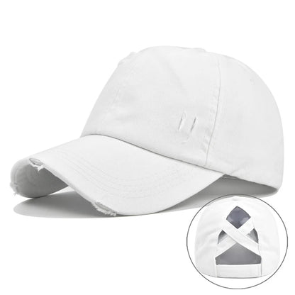 Vintage Washed Distressed Baseball Cap, Criss Cross Ponytail Hat