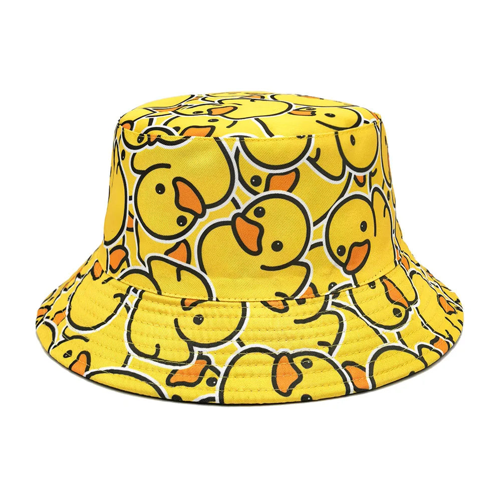 Double-sided Yellow Duck Print Pattern Panama Summer Sunscreen Fisherman Cap Women Man Bucket Hat