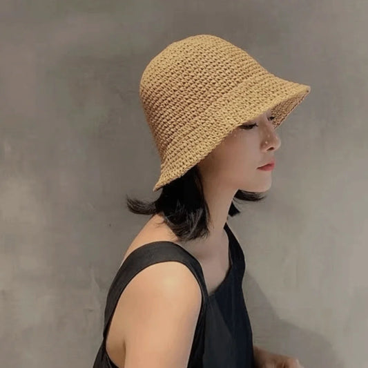 Breathable Straw Fisherman Hat Foldable Solid Color Bucket Hat Summer