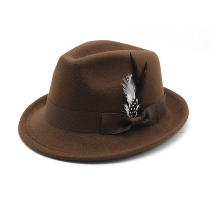 Men's Fedora Hat Felt Feather Decor Western Style Soft Brim Gentleman