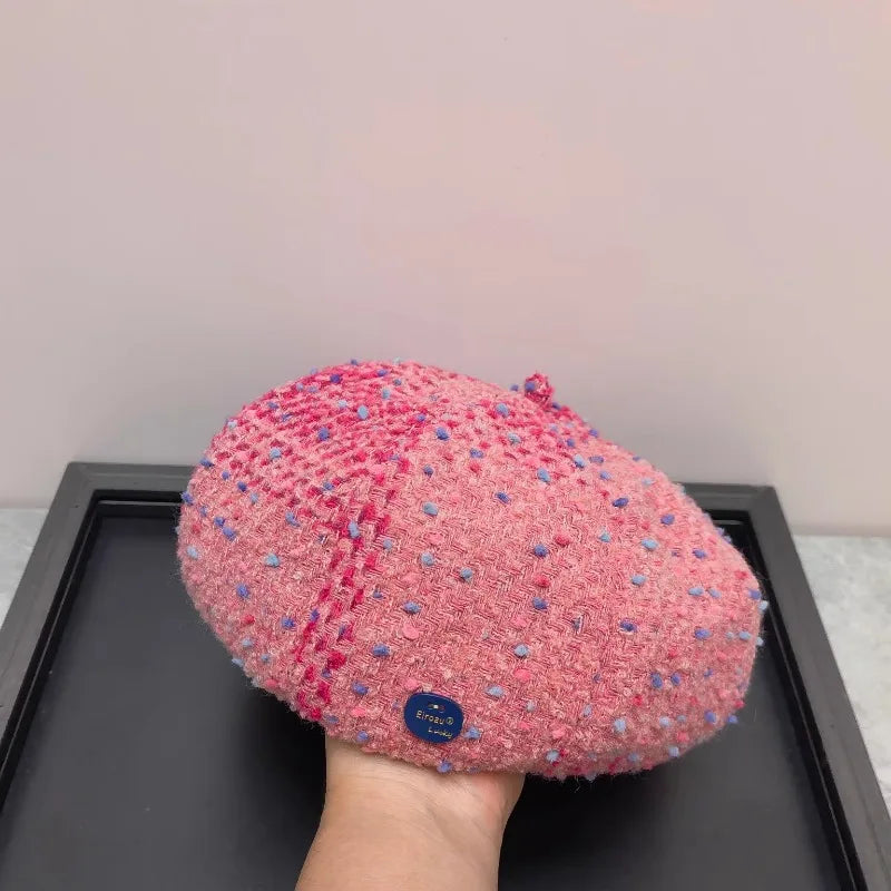 Autumn And Winter Color Plaid Korean Women Beret Cap