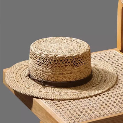 New Summer French Raffia Straw Hat - Hand Woven Hollow Flat