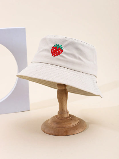 Unisex Summer Cute Bucket Hat For Women Solid Embroidery Strawberry