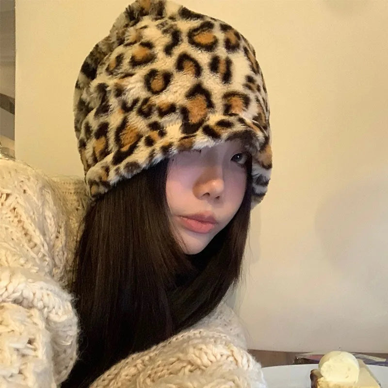 New Trendy Leopard Print Retro Y2K Plush Pullover Hat
