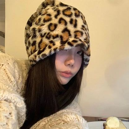 New Trendy Leopard Print Retro Y2K Plush Pullover Hat