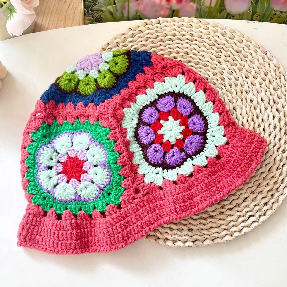 Women Muticolor Crochet Korean Handmade Bucket Hat Women Weaving Knitted Hat Y2k Fashion Flowers Autumn Cap