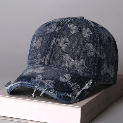 Retro Butterfly Jacquard Distressed Frayed Soft-Top Baseball Cap