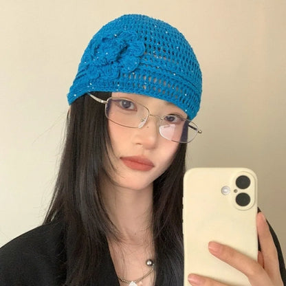 Y2k Style Flower Knitted Caps Hand-Woven Hollow Beanies Cap