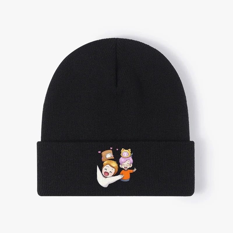 Cute Cartoon Friends Black Ribbed Knit Beanie Hat