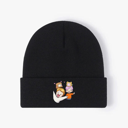 Cute Cartoon Friends Black Ribbed Knit Beanie Hat