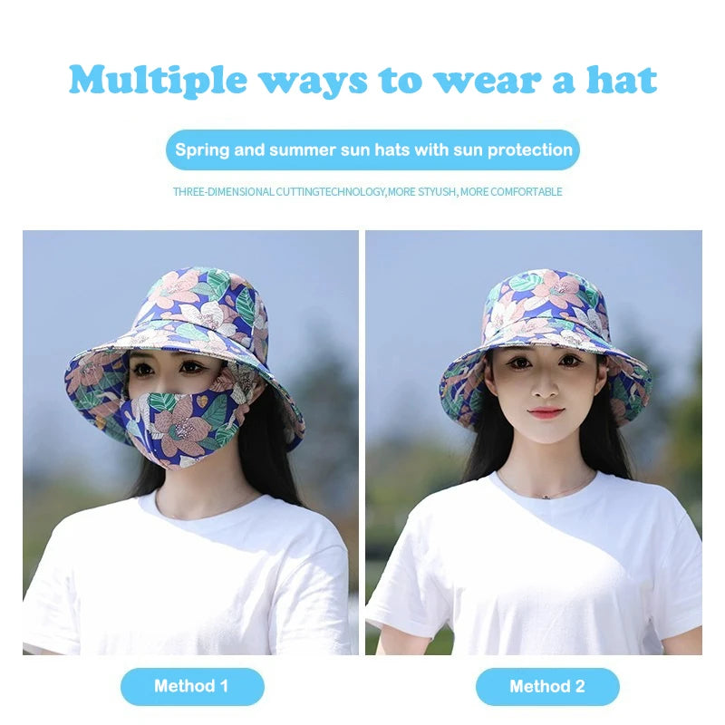 Women Fisherman Hat Floral Print Face Shading Foldable Sunscreen Cap for Summer
