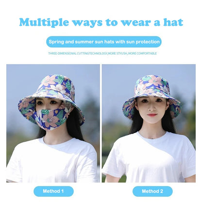 Women Fisherman Hat Floral Print Face Shading Foldable Sunscreen Cap for Summer