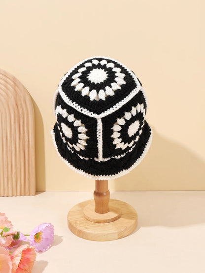 1PC Handmade Crochet Vintage Bucket Hat - Geometric Patch Super Soft and Warm