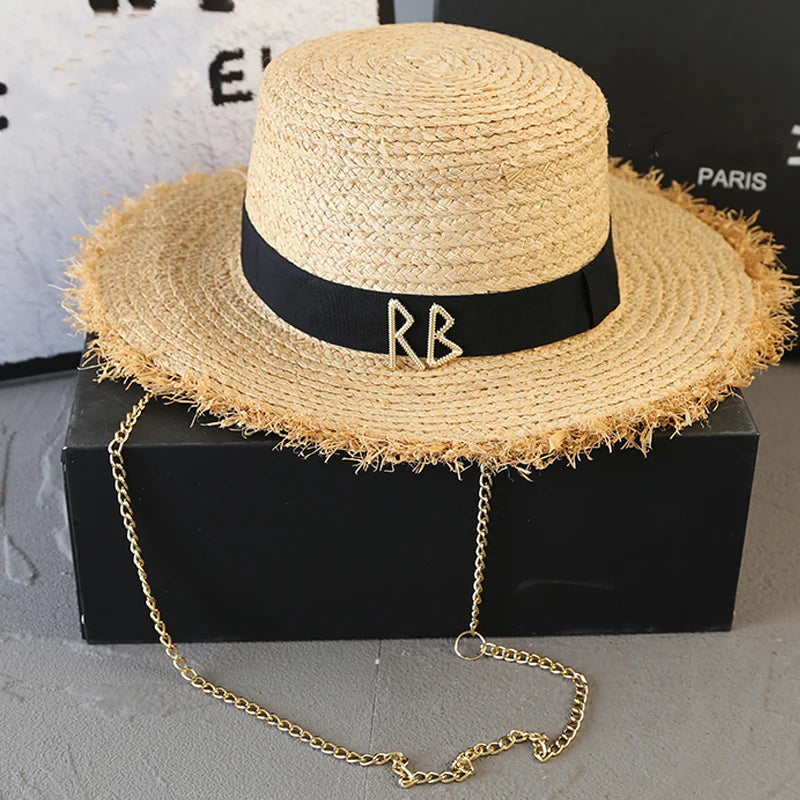 Designer Raffia Straw Hat With Chain Letter Women Summer Bikini Beach Sun Hat