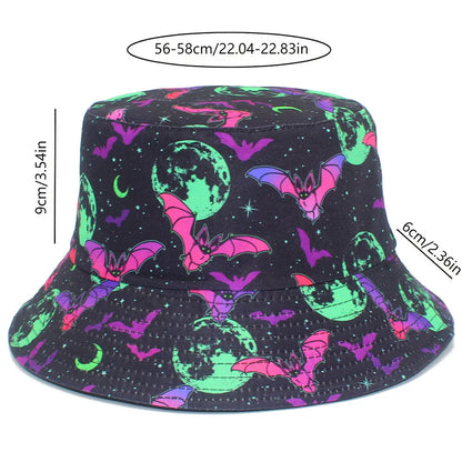 Halloween Neon Bat Moon Print Bucket Hat Unisex Fisherman Cap Spooky Cosplay Decorate Panama Hat