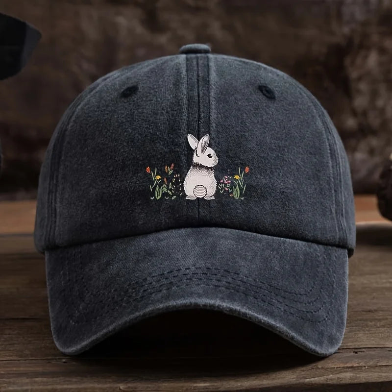 Baseball Cap Cute Rabbit Floral Print Lightweight Textile Fabric