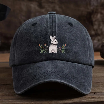 Baseball Cap Cute Rabbit Floral Print Lightweight Textile Fabric
