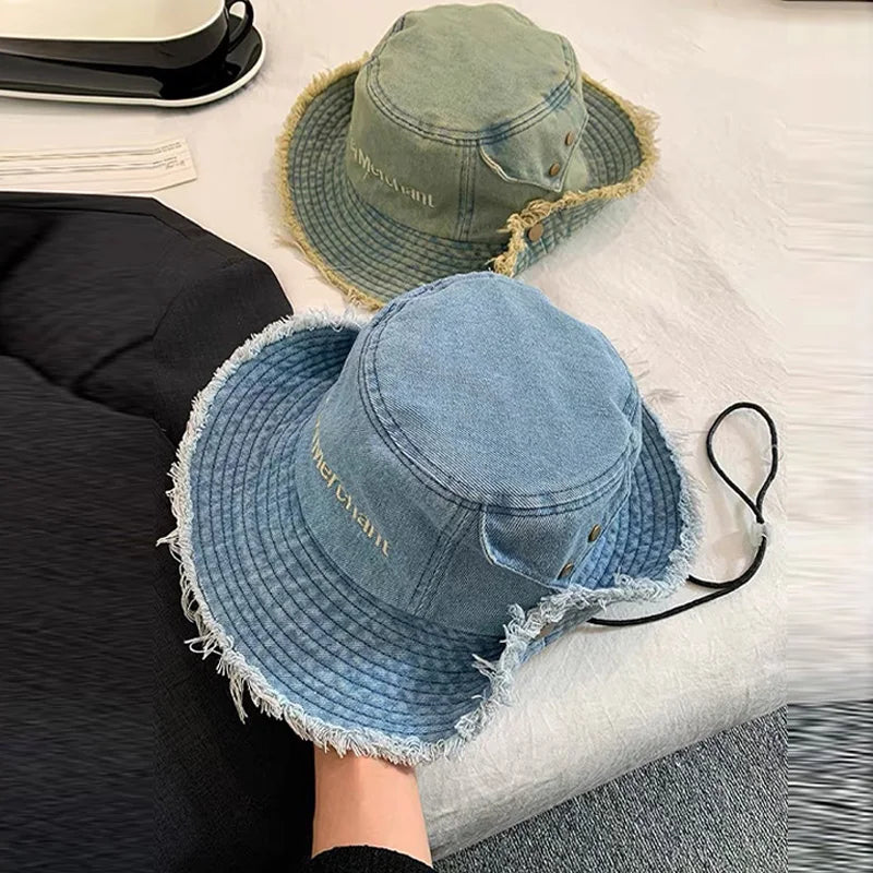 Spring Summer Wide Brimmed Washed Denim Fisherman Hat