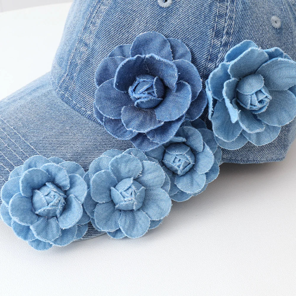 Three-Dimensional 5-Flower Fabric Flower Denim Baseball Cap