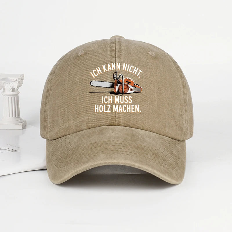 Vintage German Chainsaw Quote Print Washed Baseball Cap