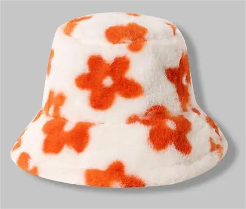 New Floral Plush Bucket Hat Women Fur Fisherman Cap