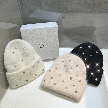 Luxury Rhinestone Beads Knitted Hat Korean Women