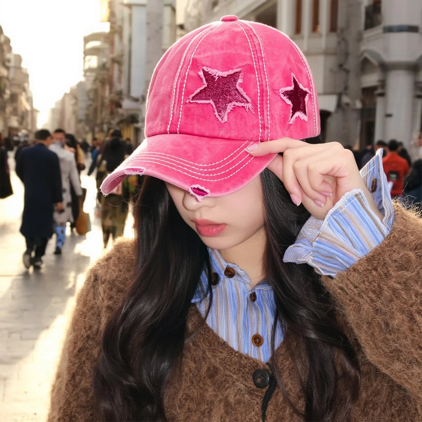 Retro Y2k Star Washed Denim Hole Star Baseball Cap