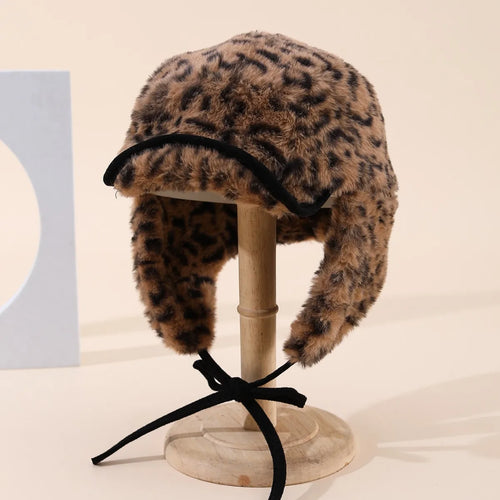 Winter Hats Woman Leopard Print Faux Fur Earflap Hat