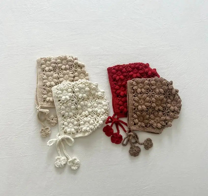 Baby Flower Hat Girls Hollow-Out Bonnet Jacquard Knitted Newborn Cap