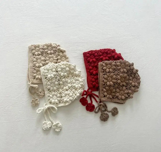 Baby Flower Hat Girls Hollow-Out Bonnet Jacquard Knitted Newborn Cap