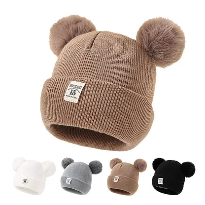 Autumn Winter Baby Warm Knitted Hats With Pom Kids Knit Beanie Hat Solid Color Children Hat