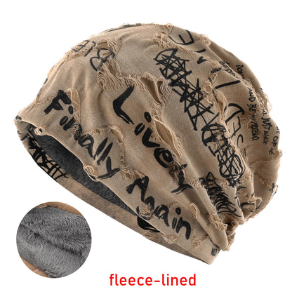 Letter Print Beanie Hats For Women Men Vintage Distressed Cracked Design Wasteland Style