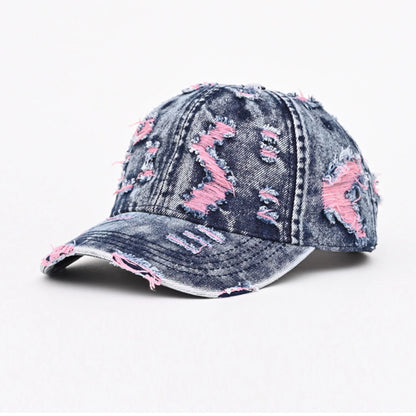 Unisex Retro Frayed Denim Cap Travel UV Protection Adjustable Distressed Colorful Baseball Cap