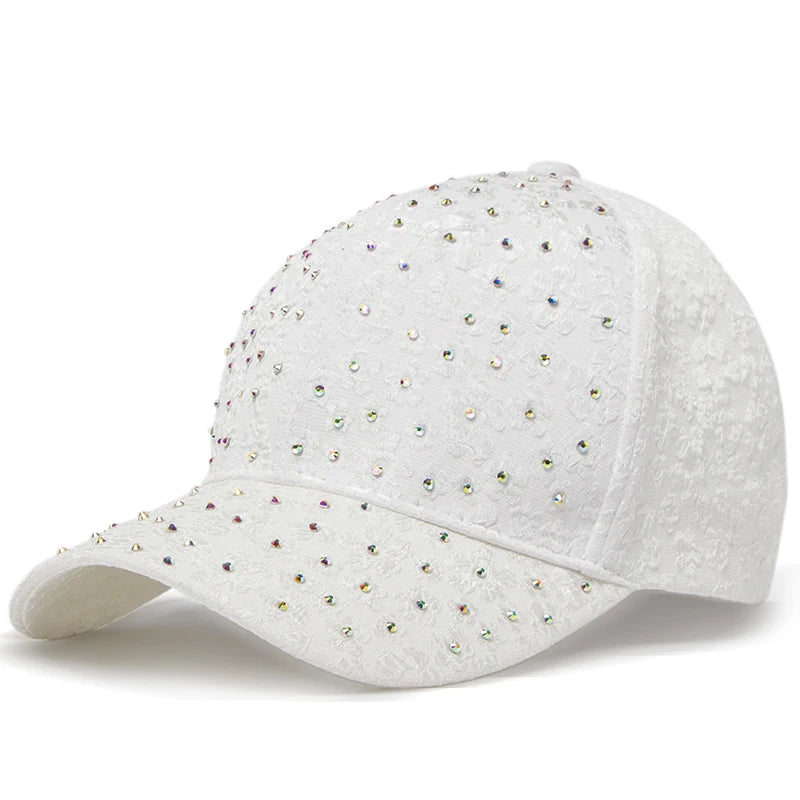 Summer Women Rhinestone Baseball Cap Flower Embroidery Hats