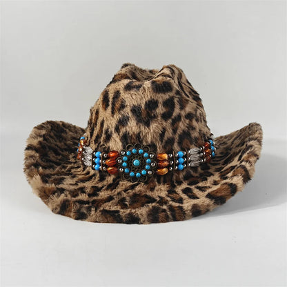 Leopard Print Rabbit Fur Cowboy Hat 7.5cm Western Cowboy Fedora