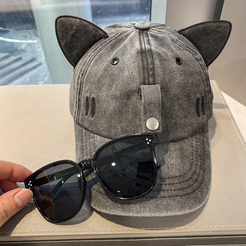 Cat Ears Sunglasses Baseball Cap Y2K Cotton Washed Women And Men