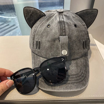 Cat Ears Sunglasses Baseball Cap Y2K Cotton Washed Women And Men