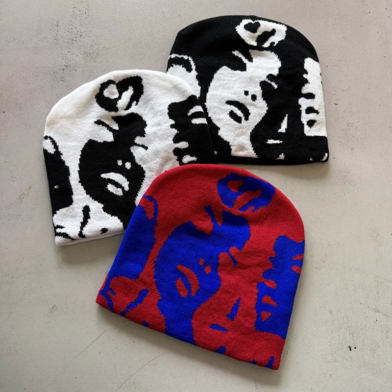 Face Pattern Intarsia Beanie Hats, Winter Casual Windproof Elastic Skull Cap