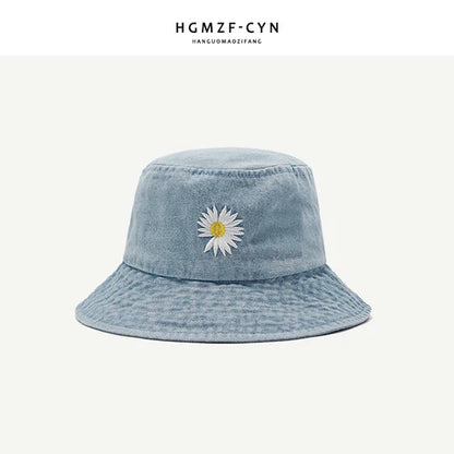 Korean Daisy Embroidery Bucket Hat Women Men